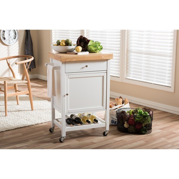 Baxton Studio Fermont Contemporary Thick Wood Top Rolling Kitchen Cart with Towel Rack and Built-in Wine Rack
