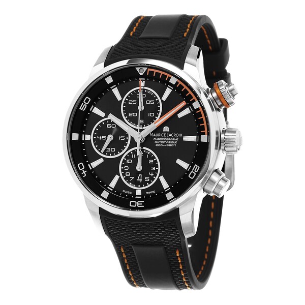 Maurice Lacroix Men's PT6008-SS001-332 'Pontos S' Black/Orange Dial Black Rubber Strap Chronograph Swiss Automatic Watch