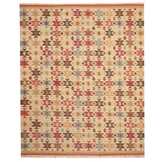 Herat Oriental Indo Hand-woven Kilim Beige/ Red Wool Area Rug (8' x 10')