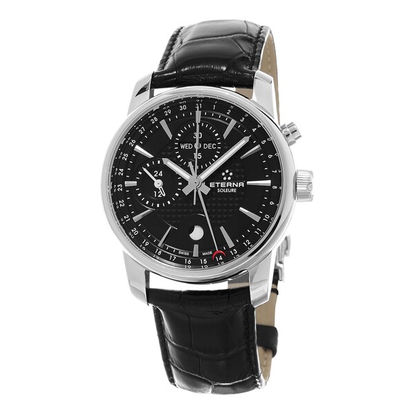 Eterna Men's 8340.41.41.1186 'Soleure' Black Dial Black Leather Strap Moon phase Chronograph Swiss Automatic Watch