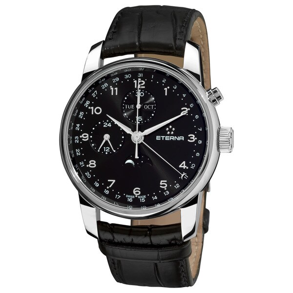 Eterna Men's 8340.41.44.1175 'Soleure' Black Dial Black Leather Strap Moon phase Date Day Swiss Automatic Watch