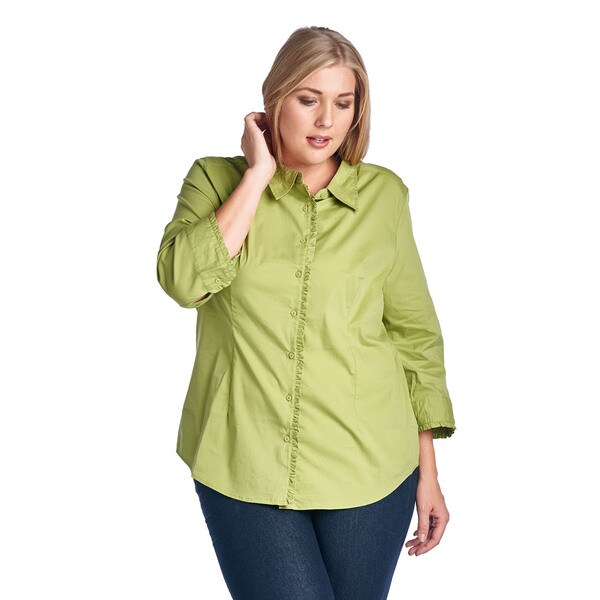 Women's Plus Size Green Ruffle Trim Button Up Shirt 17764234