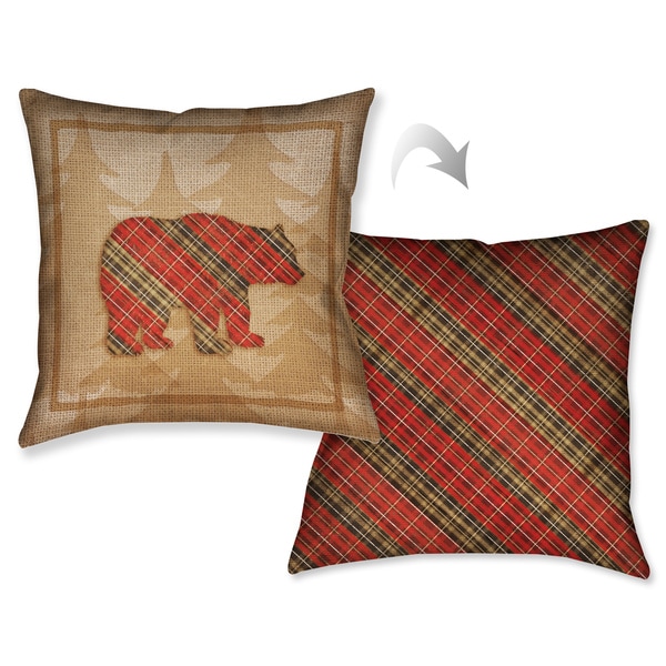 Laural Home Rustic Cabin Bear Plaid Decorative 18inch Throw Pillow