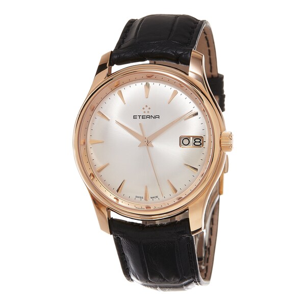 Eterna Men's 7630.69.10.1186 'Vaughan' Silver Dial Black Leather Strap Rose Gold Big Date Swiss Automatic Watch