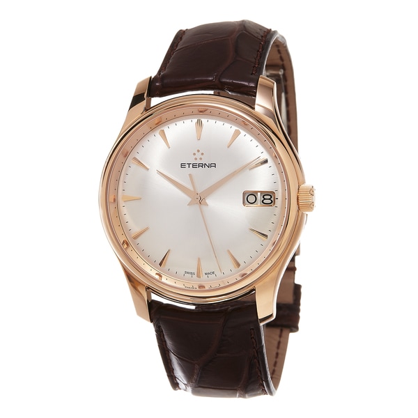 Eterna Men's 7630.69.10.1185 'Vaughan' Silver Dial Brown Leather Strap Rose Gold Big Date Swiss Automatic Watch