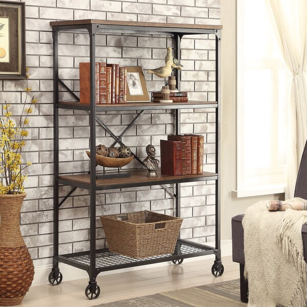 Rustic Rolling Bookcase Fixed Shelves Tall Industrial Shelf Factory