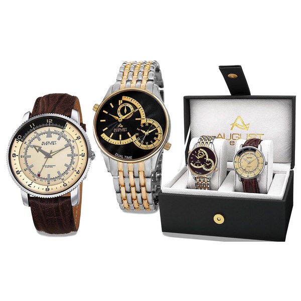August Steiner Men's Swiss Quartz Multifunctional Alloy Bracelet & Leather Strap Watch Set