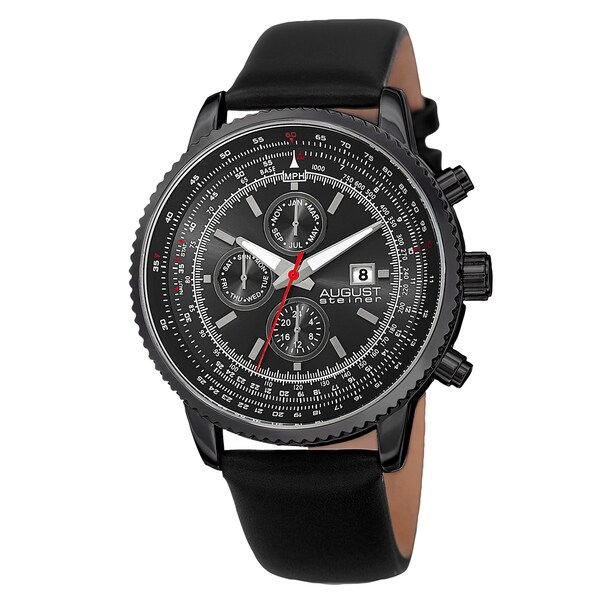 August Steiner Men's Swiss Quartz Multifunction Tachymeter Leather Strap Watch