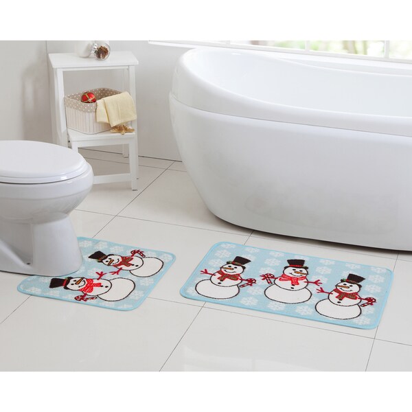 VCNY Holiday Themed Christmas Snowman Snowflake 2piece Bath Rug Set