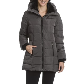 steve madden hooded puffer jacket with faux shearling trim