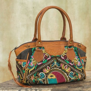 Leather Accent Cotton 'Hill Tribe Bees' Baguette Handbag (Thailand)