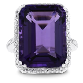 11 Carat Emerald Shape Amethyst and Diamond Ring In Sterling Silver
