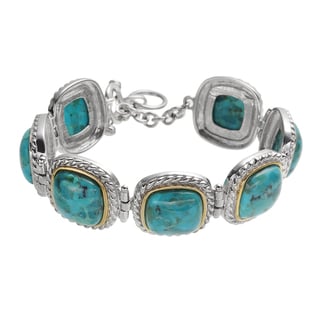 Sterling Silver Two Tone 12mm Turquoise Framed Adjustable Toggle Bracelet