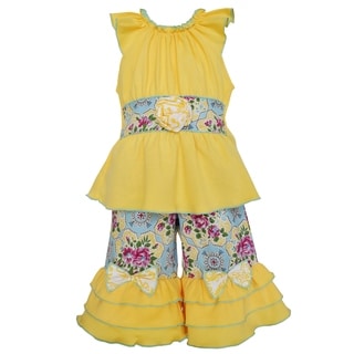 AnnLoren Girl's Boutique Yellow Cotton Tunic and Floral Damask Capri Outfit