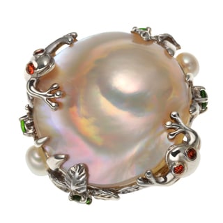 Sterling Silver .67ct 25mm Cultured Pearl and Multi Gem Frog/Lily Pad Ring