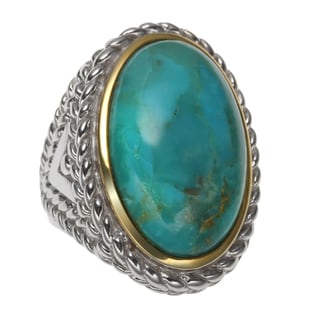 Sterling Silver 12.35ct Two Tone 23x14mm Oval Turquoise Rope Textured Ring