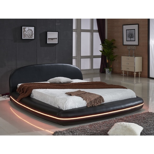 Black Leather with Flexible LED Decoration Strip Light Contemporary Platform Bed