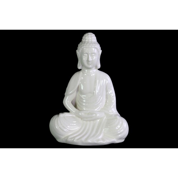 Ceramic Meditating Buddha Figurine with Rounded Ushnisha in Dhyana Mudra Gloss Finish White