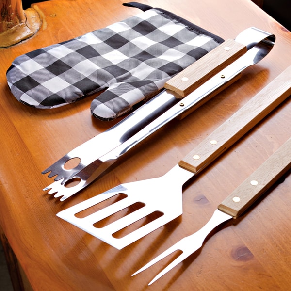4 Piece Barbecue Set with Stainless Steel Fork, Spatula, Tongs and Mitt