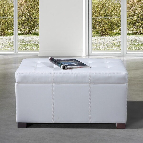 Traditional Stitching Creamy White Faux Leather Storage Bench Ottoman 18033551