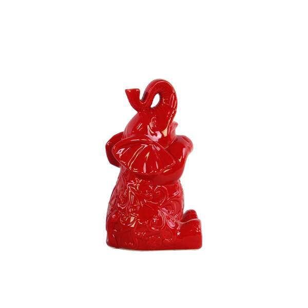 Glossy Red Finish Ceramic Sitting and Trumpeting Elephant with Arms Crossed Figurine Medium