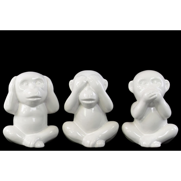Glossy White Finish Ceramic Sitting Monkey No Evil Figurines (Set of 3)