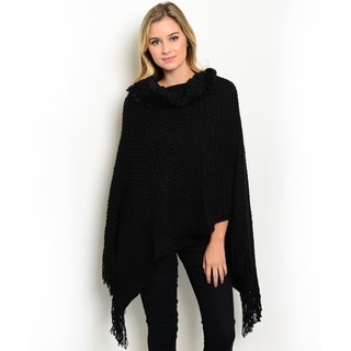 Women's Thick Knitted Pullover Poncho with Plush Foldover Neck and Fringe Trim