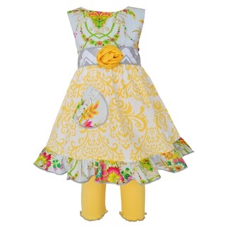 AnnLoren Girls Yellow Damask and Floral Dress with Capri Leggings