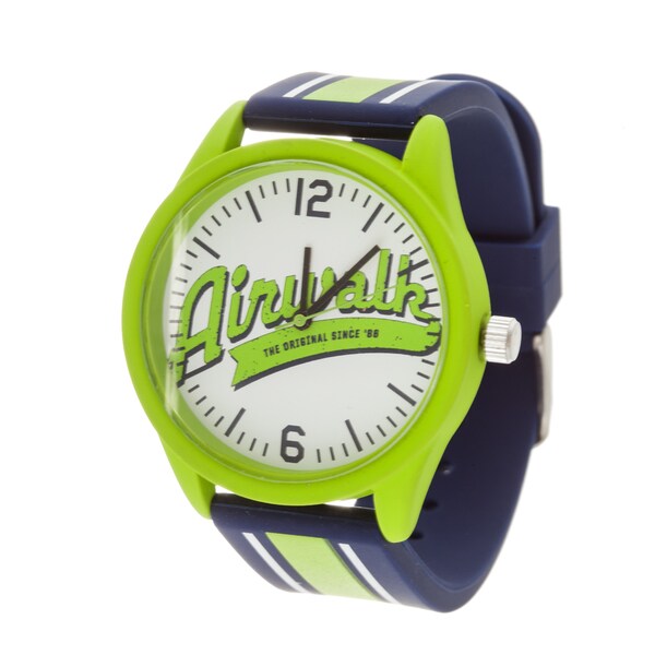 Airwalk Analog Green Case and Logo on Dial with Navy Blue & Green Silicone Strap Watch 