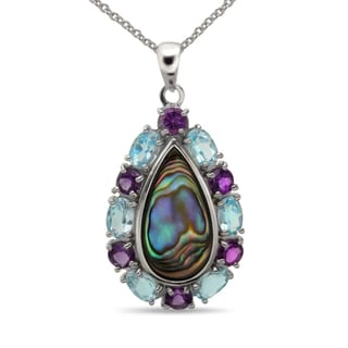 Sterling Silver 20x10mm Abalone, Blue Topaz and Amethyst Pendant