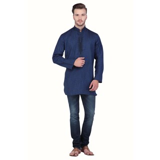 In-Sattva Shatranj Men's Indian Mid-Length Fine Embriodered Banded Collar Kurta Tunic Shirt