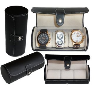 Leatherette Roll Traveler's Watch Storage Organizer for 3 Watch and / or Bracelets (Black)