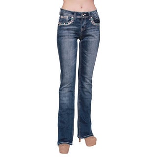 Sexy Couture Women's Dark Wash Rhinestone Stitched Boot Cut Jeans