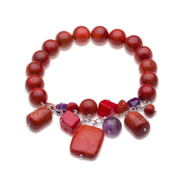 Shop Sterling Silver Red Coral And Gemstone Beaded Stretch Bracelet