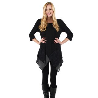 Women's 3/4 Sleeve Black and Grey with Lace Overlay Side Tail Tunic