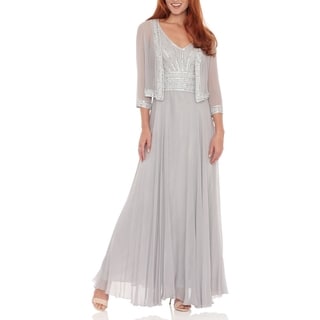J Laxmi Women's Silver Sleeveless Beaded Chiffon Dress and Jacket