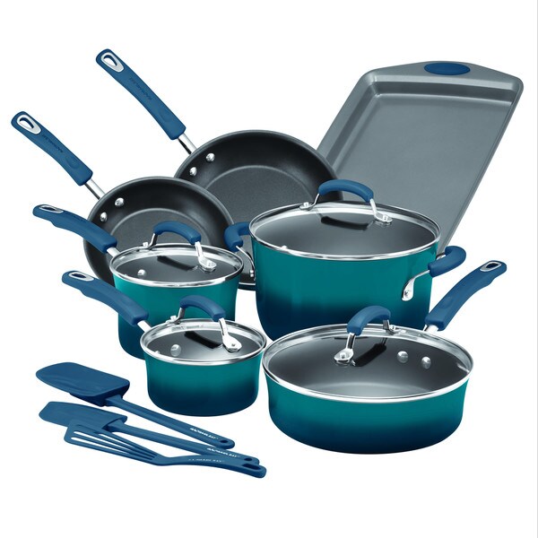 Nonstick Cookware Set Rachael Ray 14 Piece Blue Dishwasher Safe