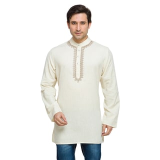 In-Sattva Shatranj Men's Indian Mid-Length Kurta Tunic Fine Embroidered Placket Solid Shirt (India)