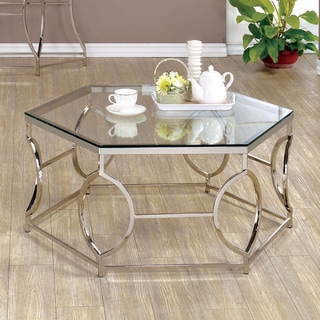 Furniture of America Martello Contemporary Chrome Glass Top Hexagon Coffee Table
