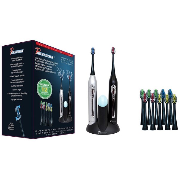 Pursonic S452BS Dual Handle Sonic Toothbrush with UV Sanitizer and 12 Brush Heads (Black and Silver)