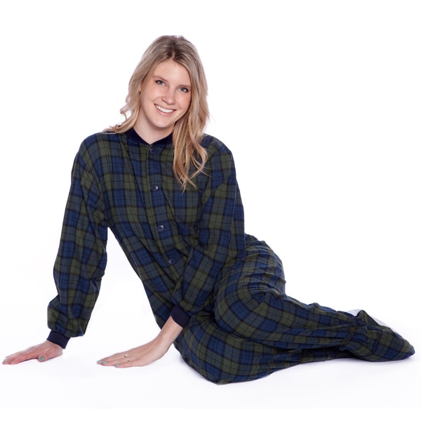 Navy and Green Plaid Cotton Flannel Adult Footed Pajamas with Drop Seat