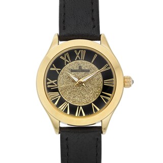 Charles Latour Women's Le Monde Crystal Crown Watch with Black Leather Strap