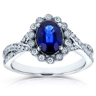 Annello 14k White Gold Oval Blue Sapphire and 1/4ct TDW Diamond Antique Ring (H-I, I2)