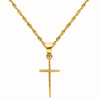 14k Yellow Gold Slender Cross Pendant and Singapore Chain Necklace