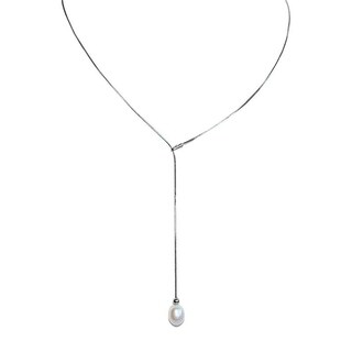 Sterling Silver White Teardrop Pearl on Silver Lariat Chain Necklace