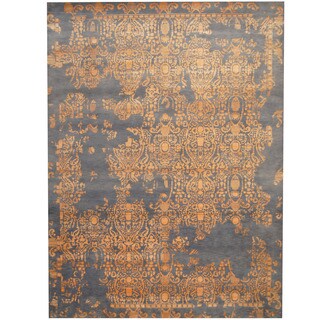 Herat Oriental Indo Hand-knotted Erased Gray/ Orange Wool & Silk Rug (10' x 14')
