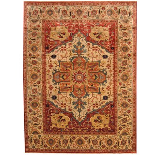 Herat Oriental Indo Hand-knotted Tribal Serapi Ivory/ Red Wool Rug (9' x 12')