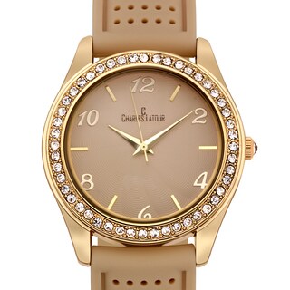 Charles Latour Women's Versal Austrian Crystal Bezel Textured Dial Watch with Beige Silicone Strap