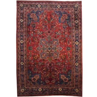 Herat Oriental Persian Hand-knotted 1960's Semi-antique Hamadan Red/ Navy Wool Rug (7'9 x 11'2)