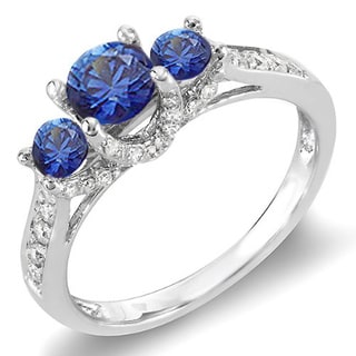 14k White Gold 1ct TDW Round Diamond and Blue Sapphire 3-stone Bridal Engagement Ring (H-I, I1-I2)